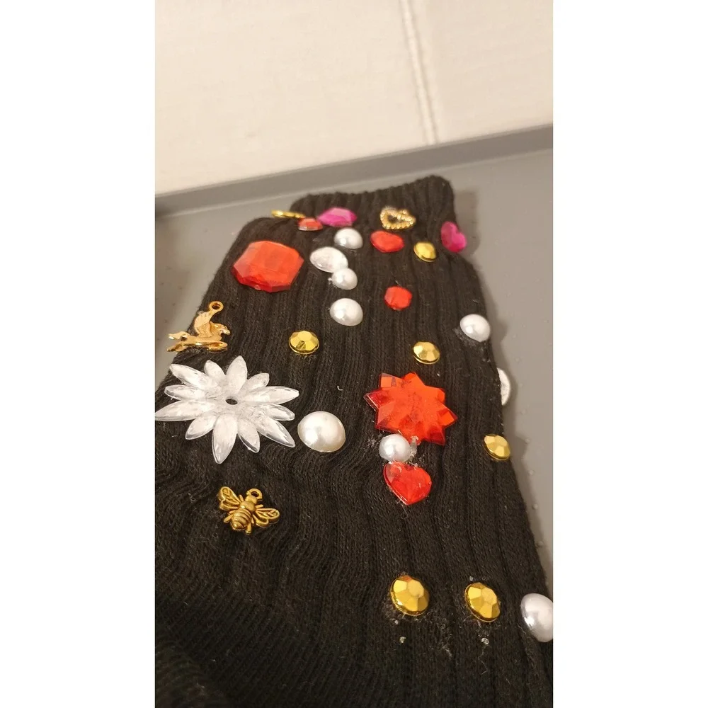 Embellished Crew Socks Womens OS Black Good DIY Kitsch Maximalist